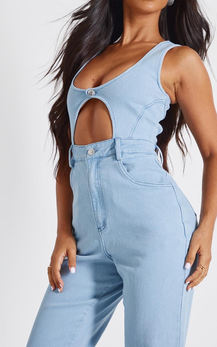 Petite Light Blue Wash Sleeveless Cut Out Straight Leg Jumpsuit Product Image