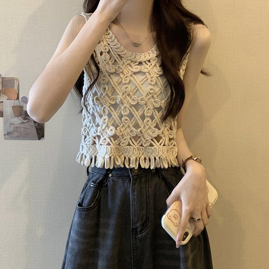 Sleeveless Crew Neck Plain Crochet Knit Top / Plain Crop Cami Top Product Image