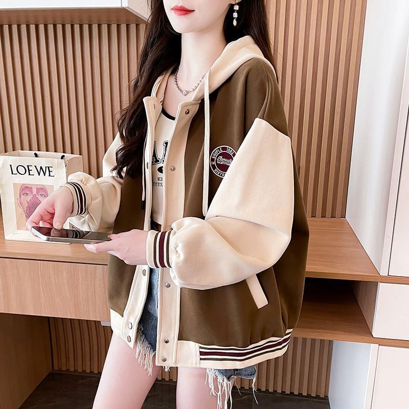 Lettering Embroidered Striped Trim Hooded Button-Up Baseball Jacket Product Image