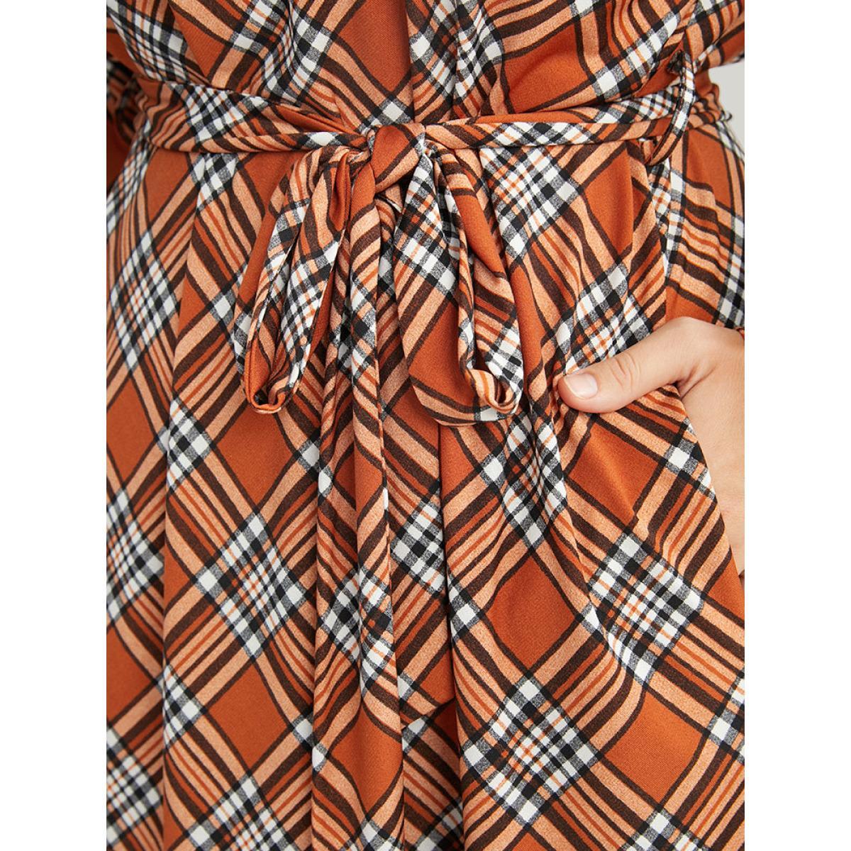 Plus Size Tartan Round Neck Pocket Belted Midi Dress Chocolate Women Elegant Belted Round Neck Long Sleeve Curvy Midi Dress BloomChic 30/6X Product Image