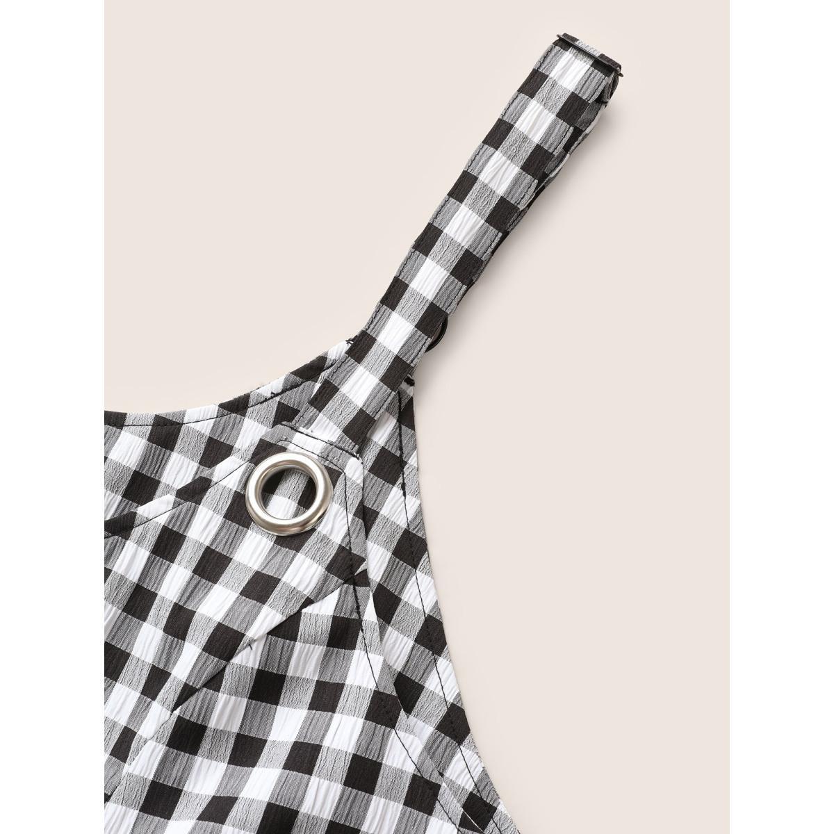 Plus Size Round Neck Gingham Adjustable Straps Dress Black Women Casual Gathered Round Neck Sleeveless Curvy BloomChic 30/6X Product Image