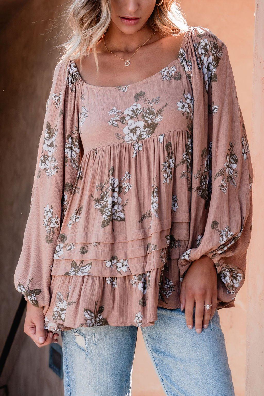 Terracotta Floral Print Pleated Tunic - FINAL SALE Female Product Image