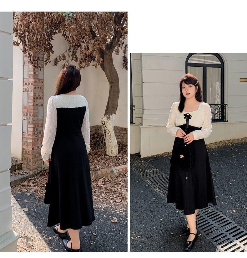 Plus Size Long-Sleeve Two Tone Lace Panel Button Midi A-Line Dress Product Image