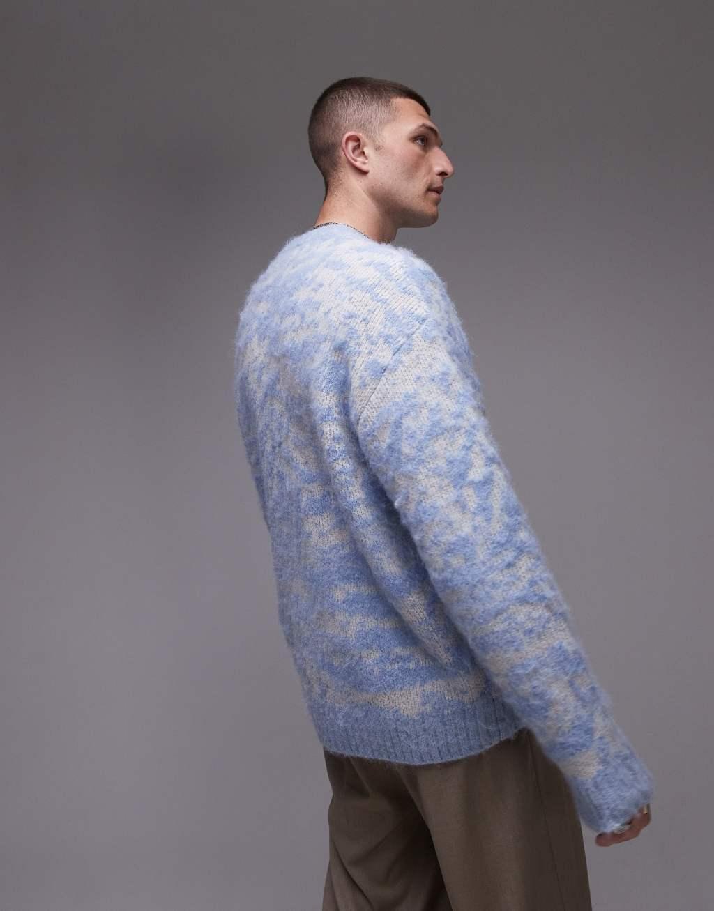 Topman oversized brushed sweater in blue animal print Product Image