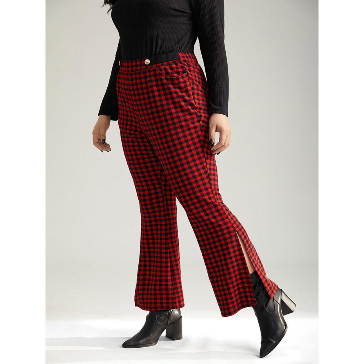 Plus Size Gingham Bootcut Split Hem Metal Detail Pants Women Raspberry Elegant Flare Leg High Rise Festival-Christmas Pants BloomChic 10/M Product Image