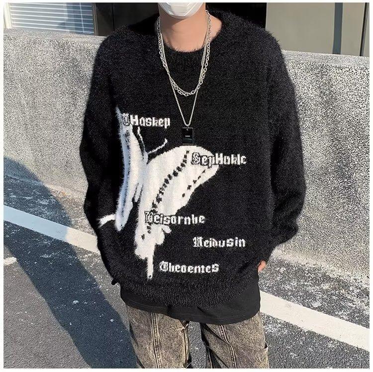 Long-Sleeve Butterfly  Print Lettering Sweater Product Image