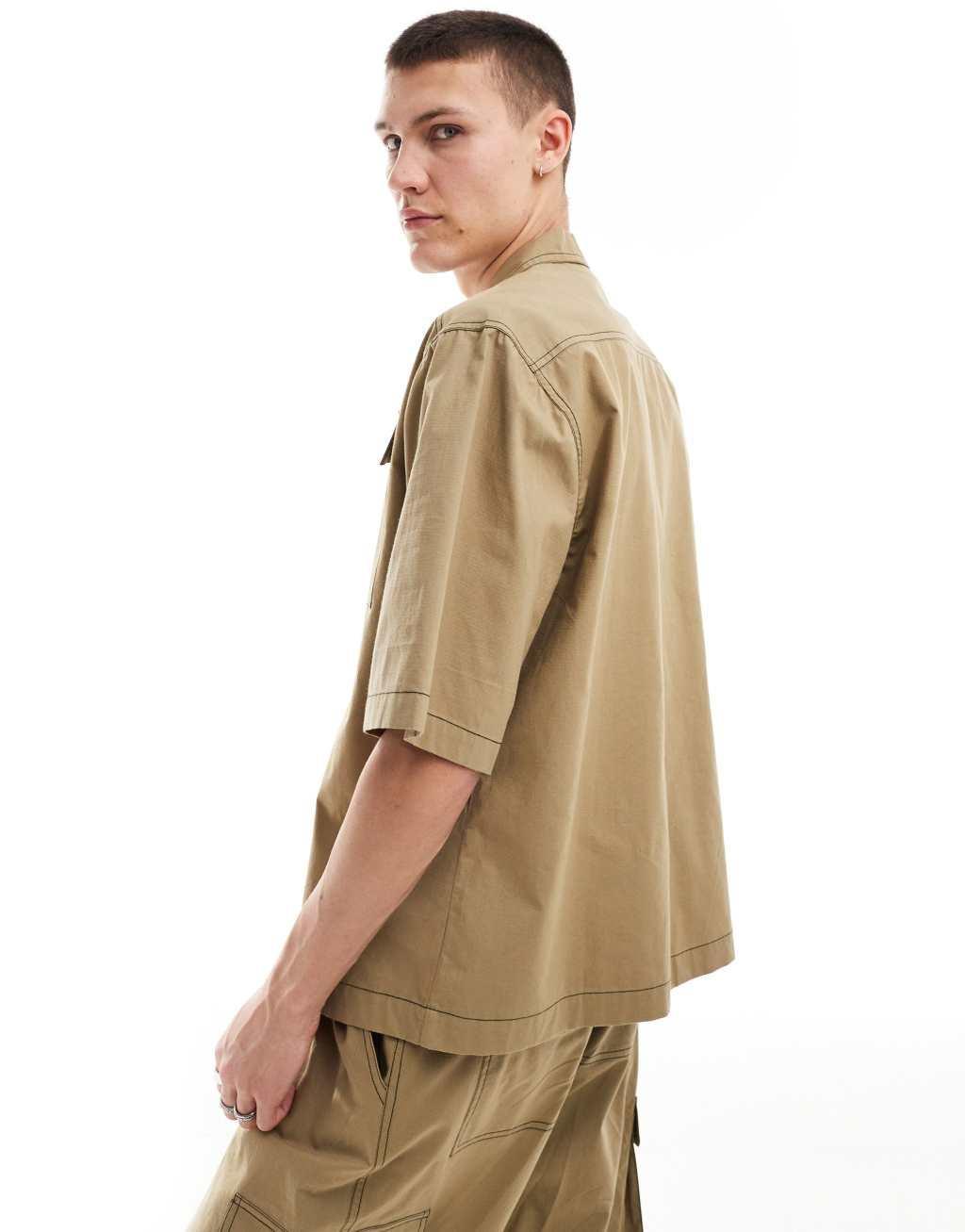COLLUSION ripstop boxy revere shirt with contrast stitch in khaki - part of a set Product Image