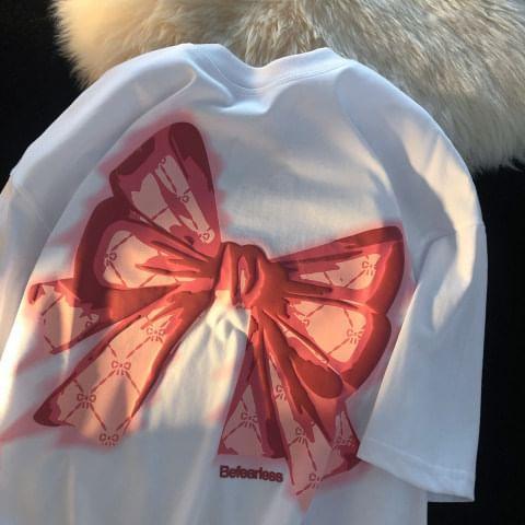 Short Sleeve Bow Print Loose-Fit T-Shirt Product Image