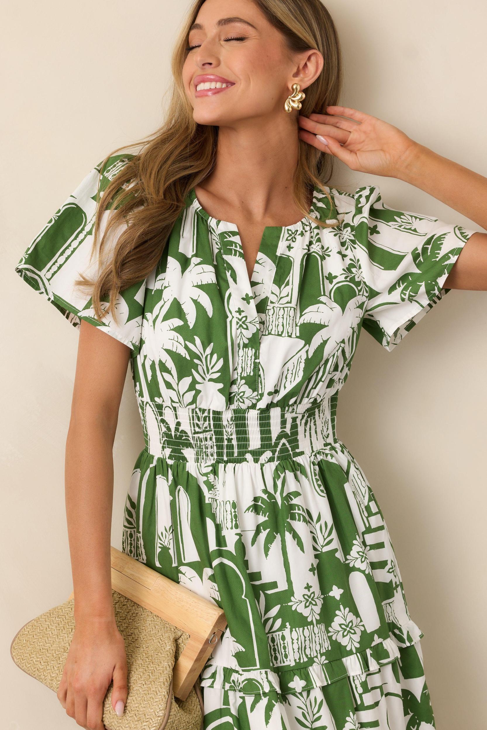 Island Glow Cotton Green Tropical Palm Print Maxi Dress Product Image