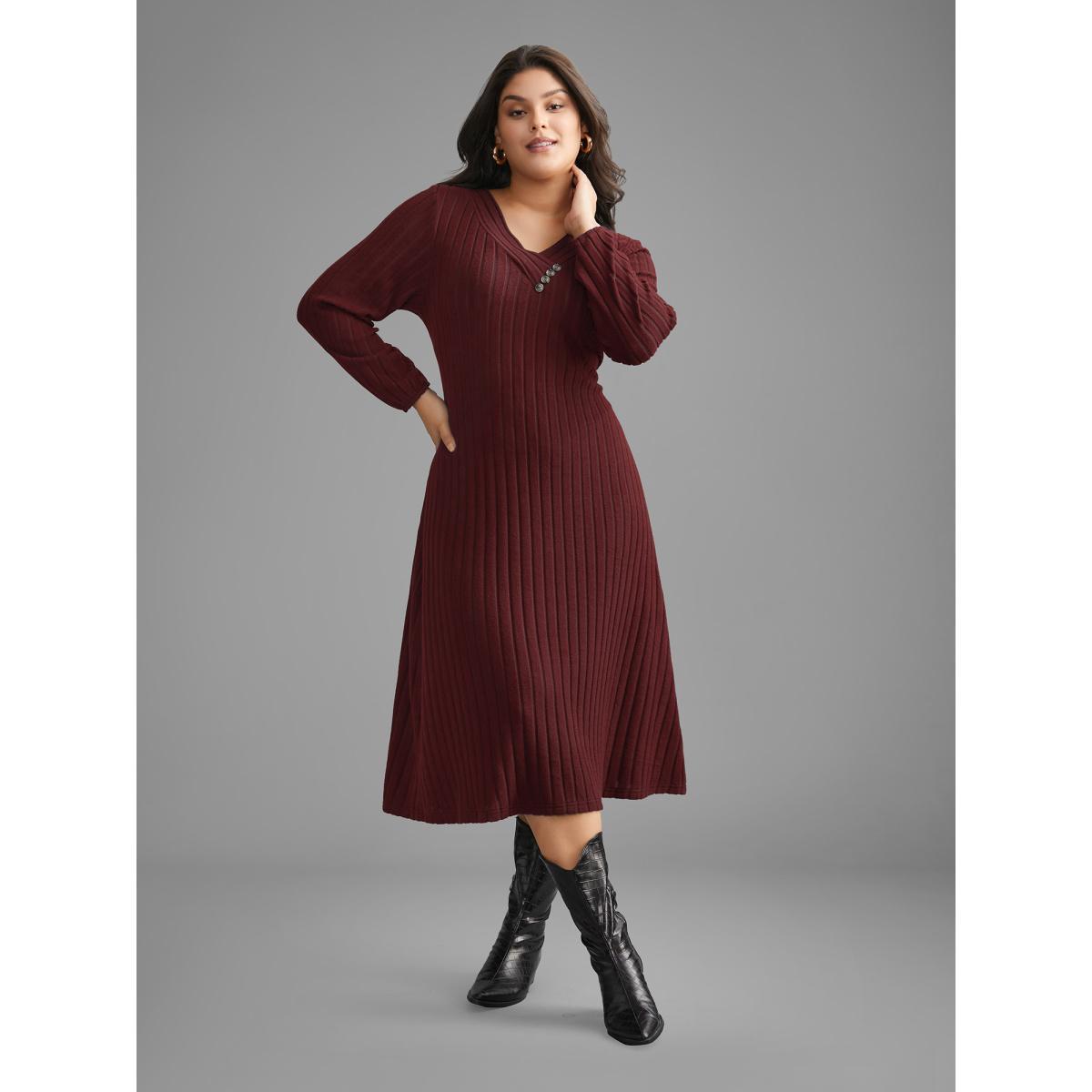 Plus Size Plain Rib Knit Button Detail Dress Burgundy Women Casual Texture Knit Dresses Bloomchic 10/M Product Image