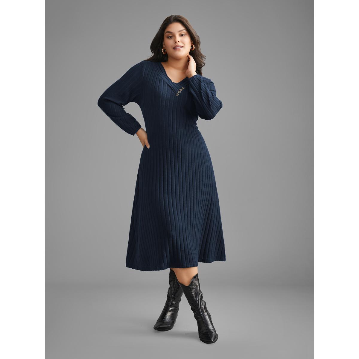Plus Size Plain Rib Knit Button Detail Dress DarkBlue Women Casual Texture Knit Dresses Bloomchic 12/L Product Image