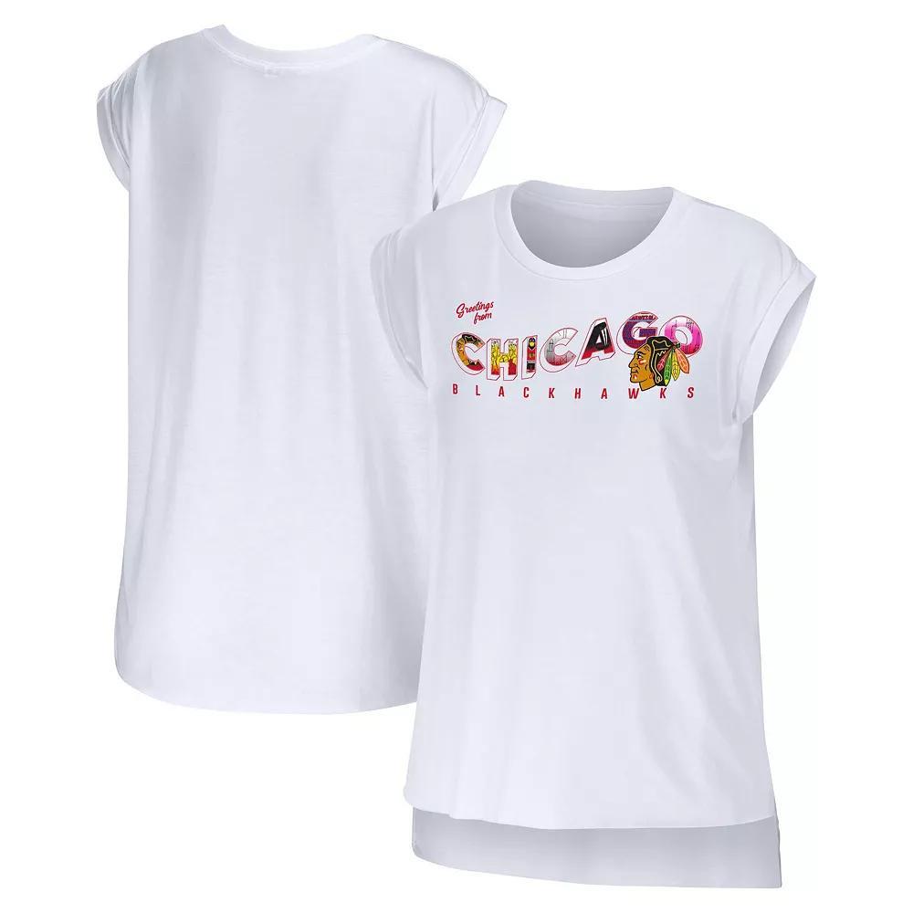Women's WEAR by Erin Andrews White Chicago Blackhawks Greetings From Muscle T-Shirt, Size: XL Product Image