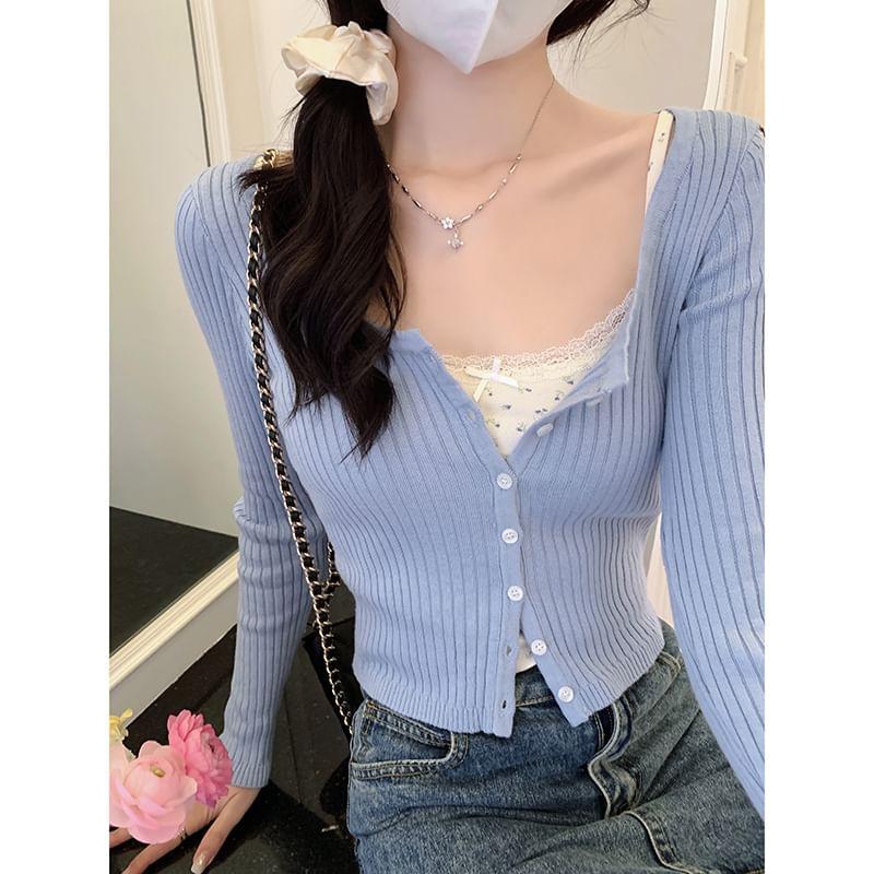 Long-Sleeve Scoop Neck Plain Ribbed Button Knit Top Product Image