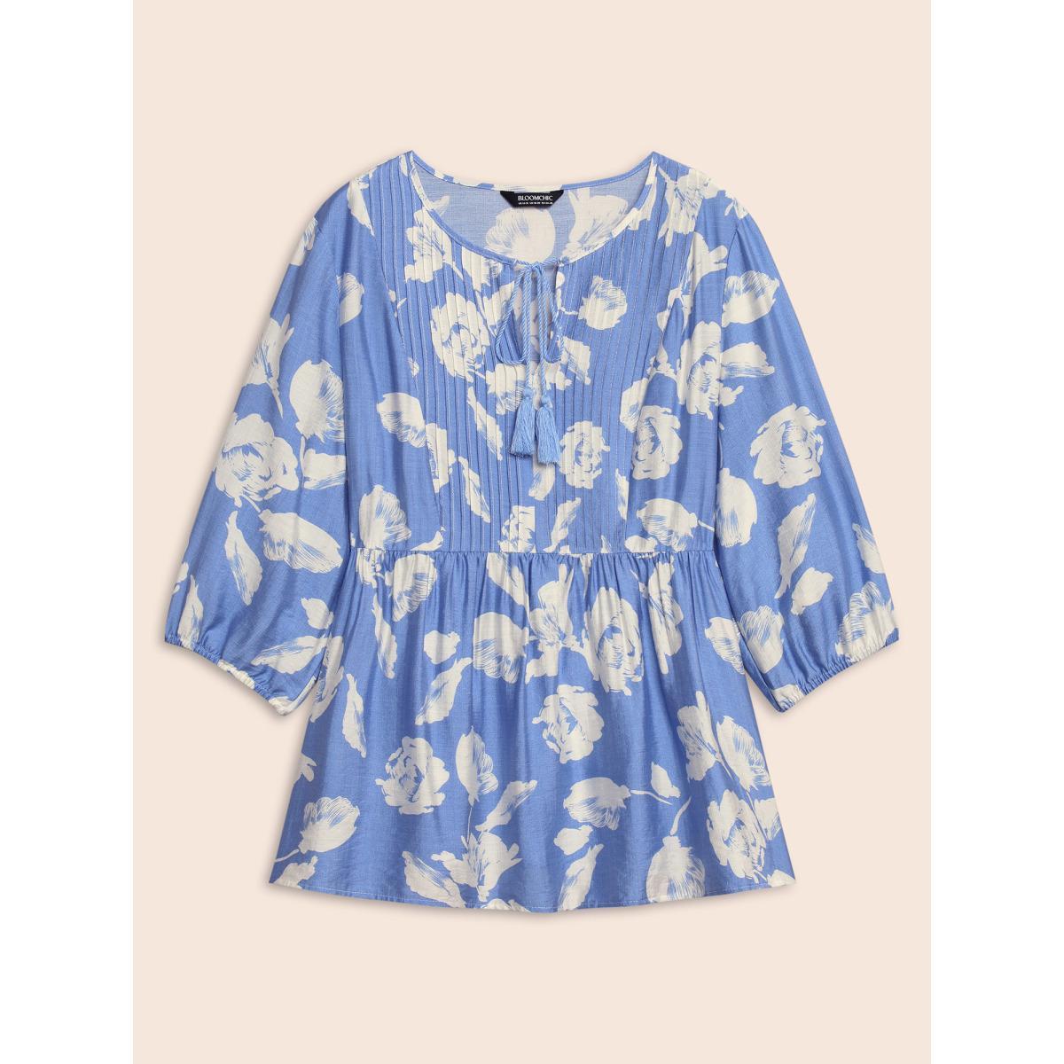 Plus Size LightBlue Floral Pleated Tassel Trim Lantern Sleeve Blouse Women Elegant Elbow-length sleeve V-neck Everyday Blouses BloomChic 26/4X Product Image