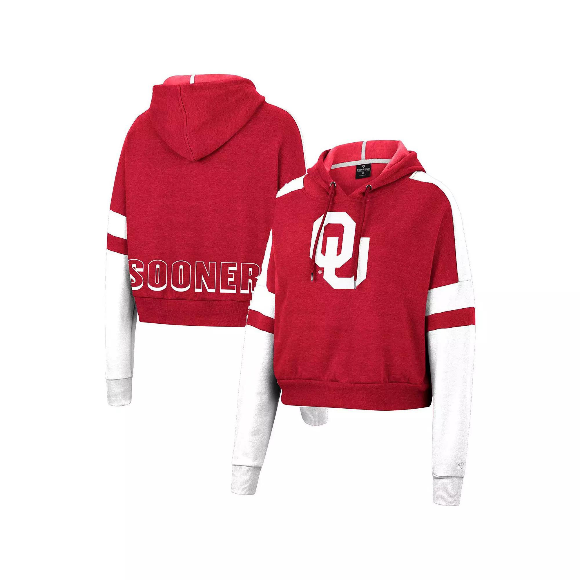 Women's Colosseum Crimson Oklahoma Sooners Throwback Stripe Arch Logo Cropped Pullover Hoodie, Size: Large, Red Product Image