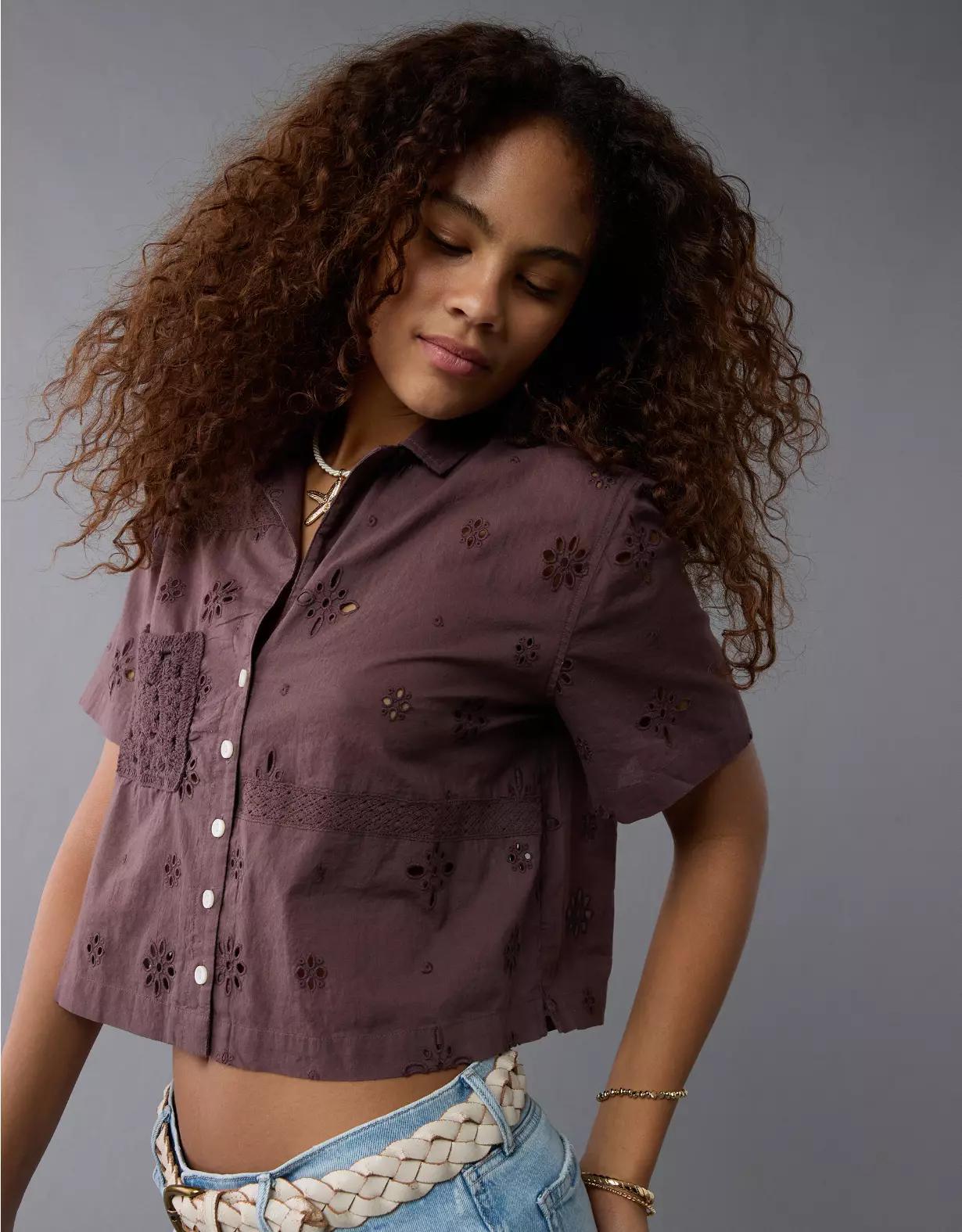 AE Short-Sleeve Embroidered Button-Up Shirt Product Image