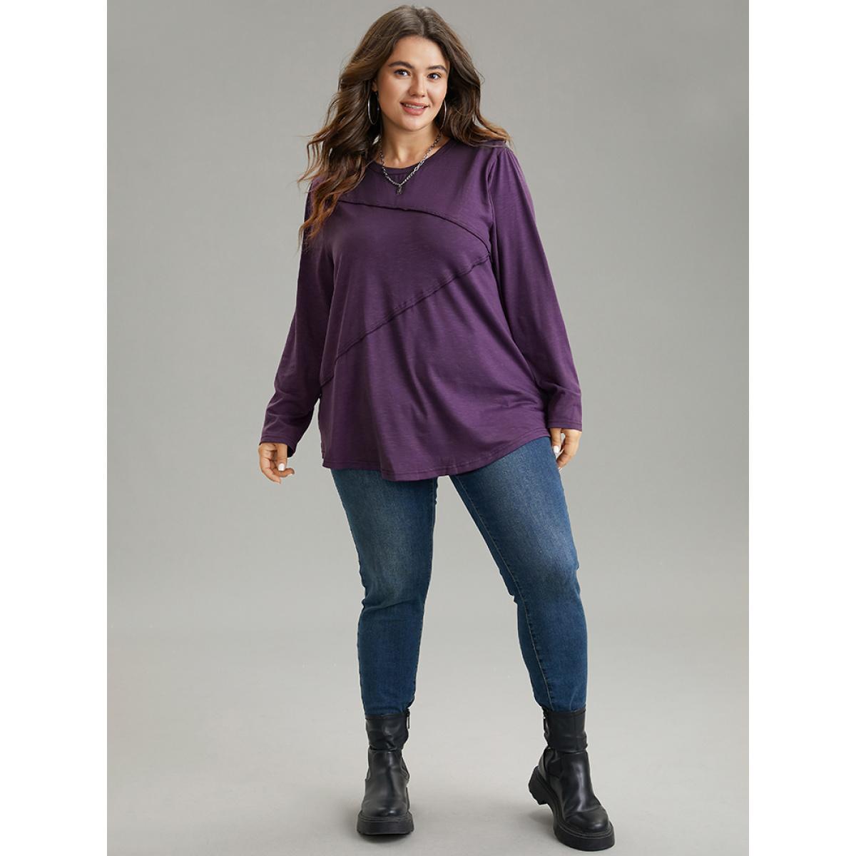Plus Size Solid Pleated Round Neck T-shirt Purple Women Casual Plain Plain Round Neck Dailywear T-shirts BloomChic 18-20/2X Product Image