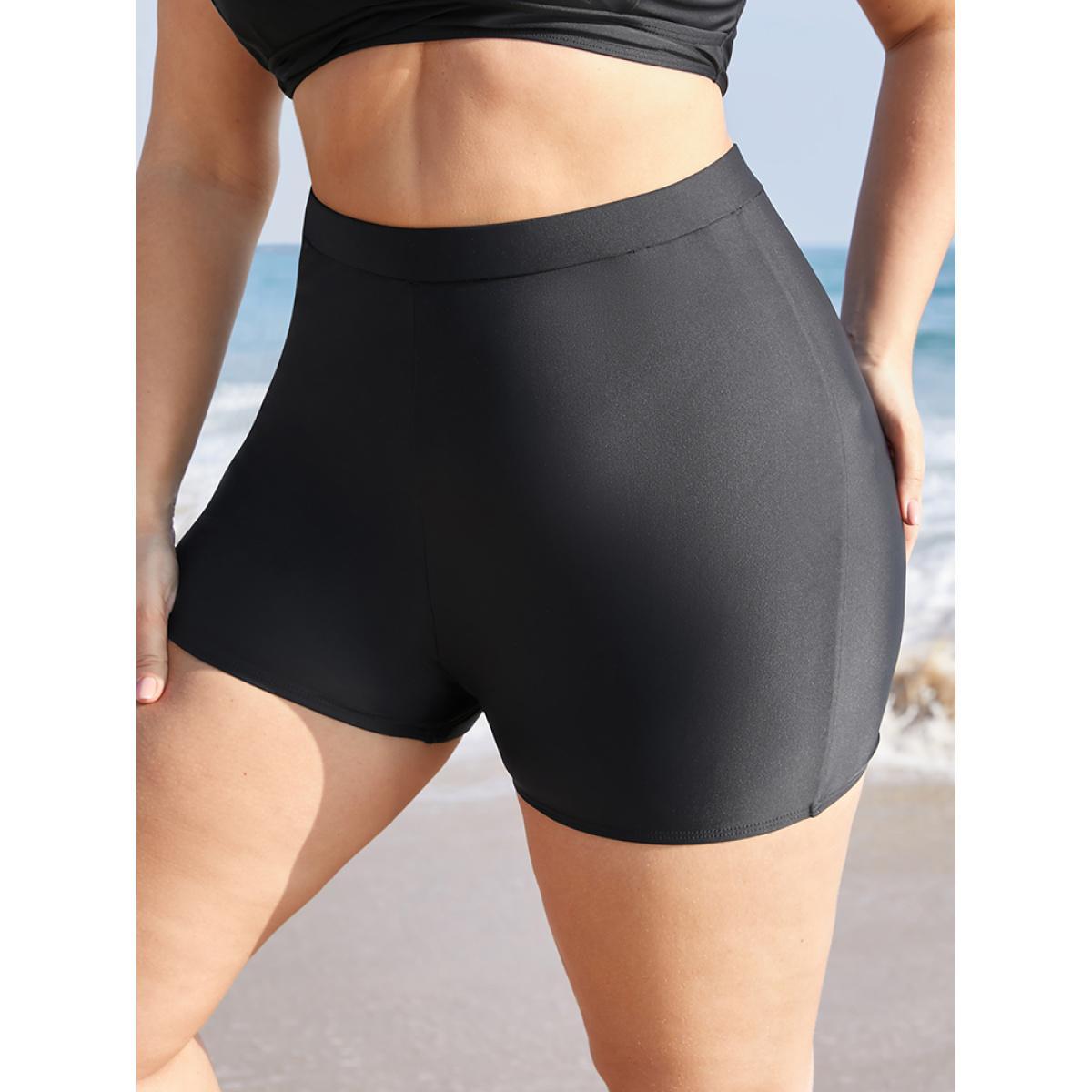 Plus Size Plain Elastic Waist Swim Shorts Women's Swimwear Black Beach Non High stretch Skinny High Rise Curve Swim Bottoms BloomChic 12/L Product Image