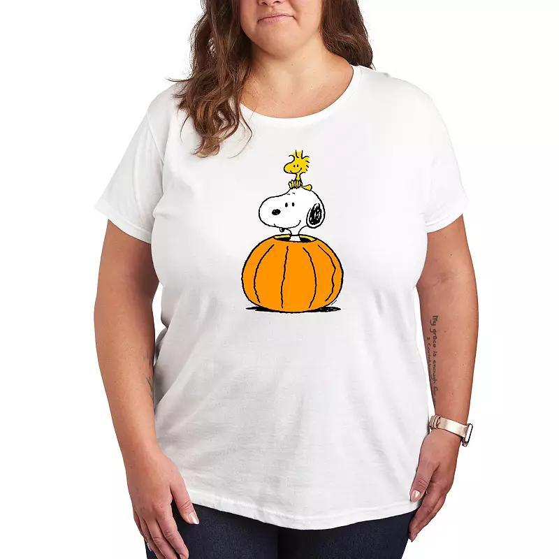 Plus Size Peanuts Snoopy & Woodstock Pumpkin Graphic Tee, Womens Grey Gray Product Image