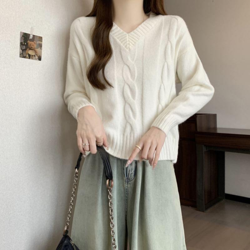 V-Neck Plain Cable Knit Sweater Product Image