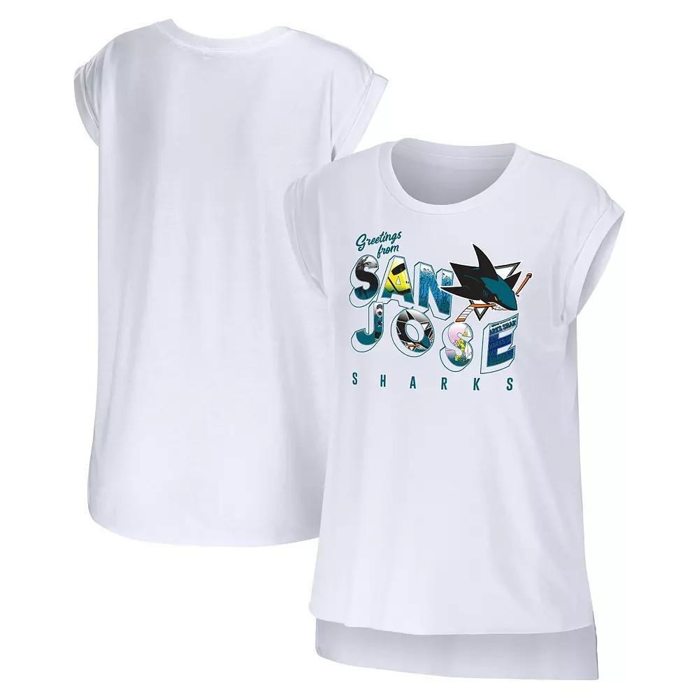 Women's WEAR by Erin Andrews White San Jose Sharks Greetings From Muscle T-Shirt, Size: Small, Sks White Product Image