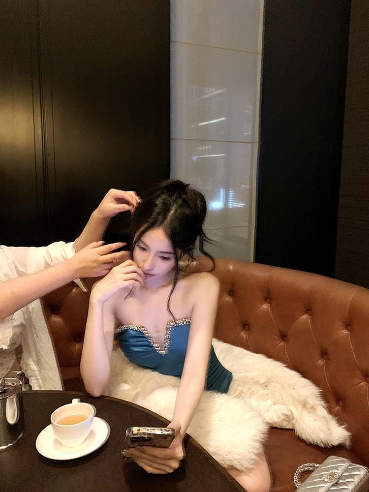 Rhinestone Ruched Tube Top Product Image