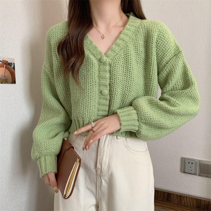Puff-Sleeve V-Neck Plain Cropped Cardigan Product Image