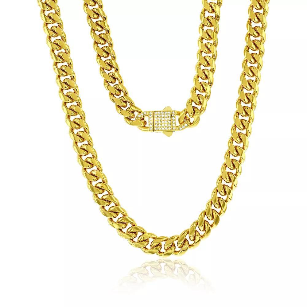 Men's Metallo Stainless Steel 12 mm Miami Cuban Cubic Zirconia Lock Necklace, Size: 24", Gold Tone White Product Image