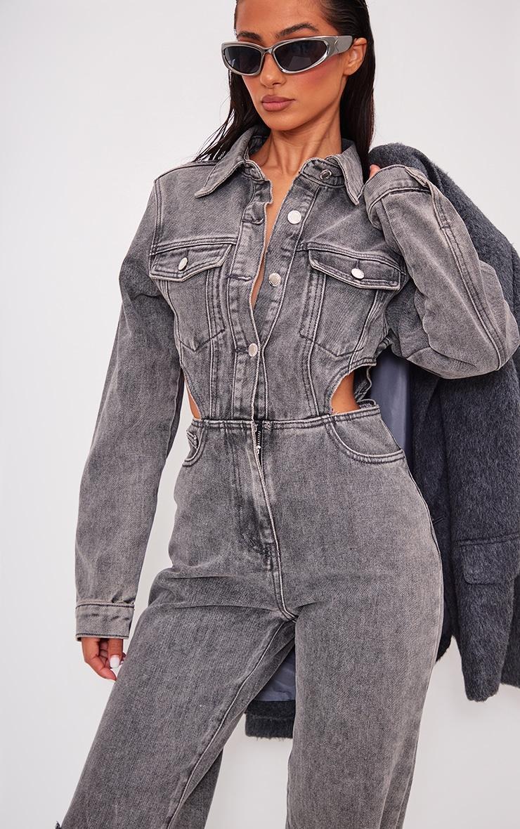 Petite Washed Grey Denim Ripped Knee Jumpsuit Product Image