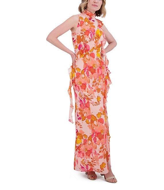 Eliza J Chiffon Floral Print Halter Neck Sleeveless Ruffle Sheath Maxi Dress Product Image