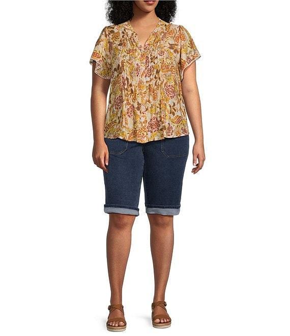 Democracy Plus Size Woven Floral Split V-Neck Short Sleeve Ruched Button-Front Top Product Image