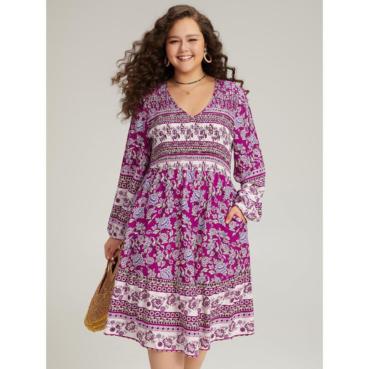 Plus Size Bandana Print Pocket V Neck Shirred Dress Purple Women Vacation Elastic cuffs V-neck Long Sleeve Curvy Midi Dress BloomChic 18-20/2X Product Image