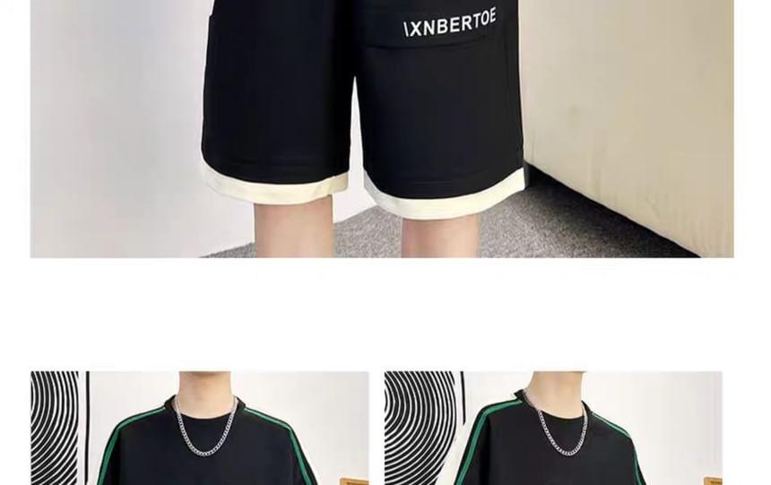 Set: 3/4-Sleeve Crew Neck Lettering Print T-Shirt + Drawstring Waist Wide Leg Sweat Shorts Product Image