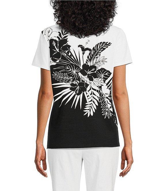 Allison Daley Embellished Tropical Palm Print Short Sleeve Crew Neck Knit Top Product Image