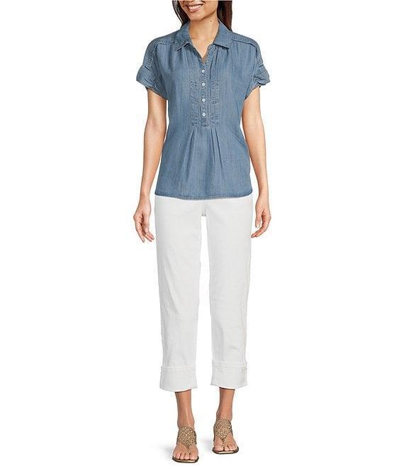 Democracy Lyocell Point Collar Ruched Short Sleeve Pleated Shirt Product Image