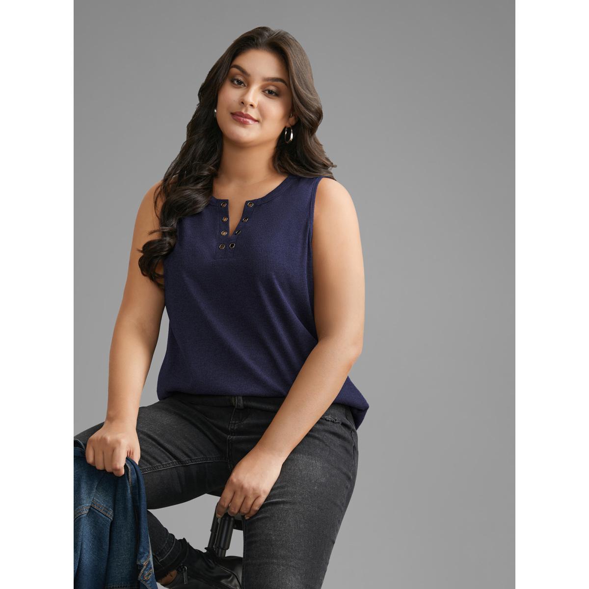 Plus Size Notched Collar Eyelet Tank Top Women Indigo Casual Eyelet Notched collar Everyday Tank Tops Camis BloomChic 28/5X Product Image