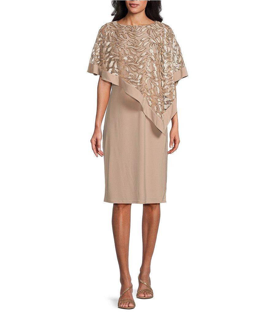 R & M Richards Crew Neck Short Sleeve Embroidered Sequin Poncho Overlay Sheath Dress Product Image