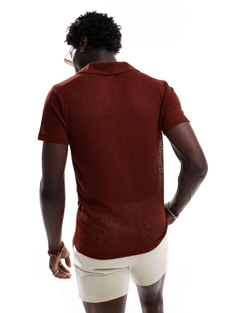 ASOS DESIGN muscle fit polo in sheer textured brown Product Image