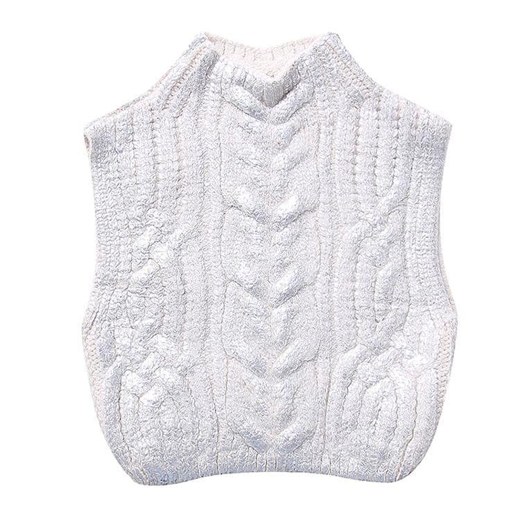 Mock Neck Cable Knit Plain Crop Sweater Vest Product Image