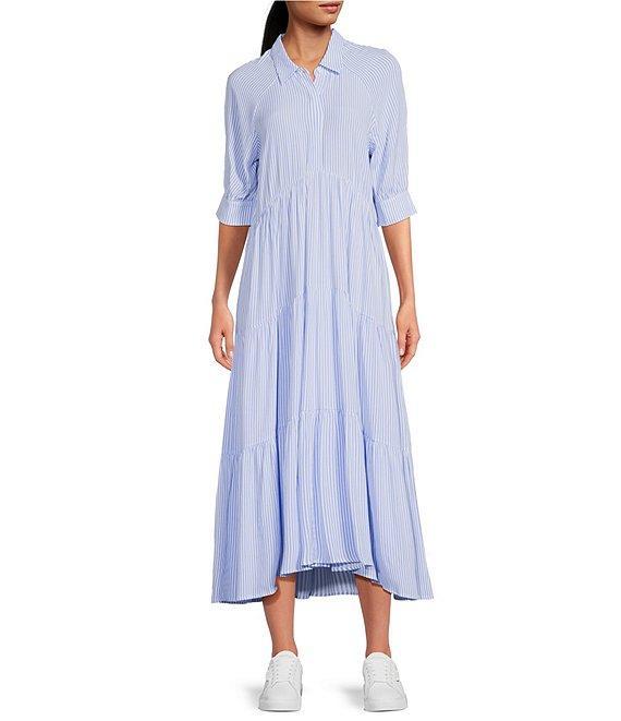 A Loves A Pinstripe Print Button Point Collar 3/4 Blouson Cuff Sleeve Tiered Waistless Midi Shirt Dress Product Image