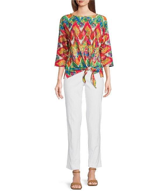 Ali Miles Textured Knit Eyelet Abstract Leopard Scoop Neck 3/4 Dolman Sleeve Top Product Image
