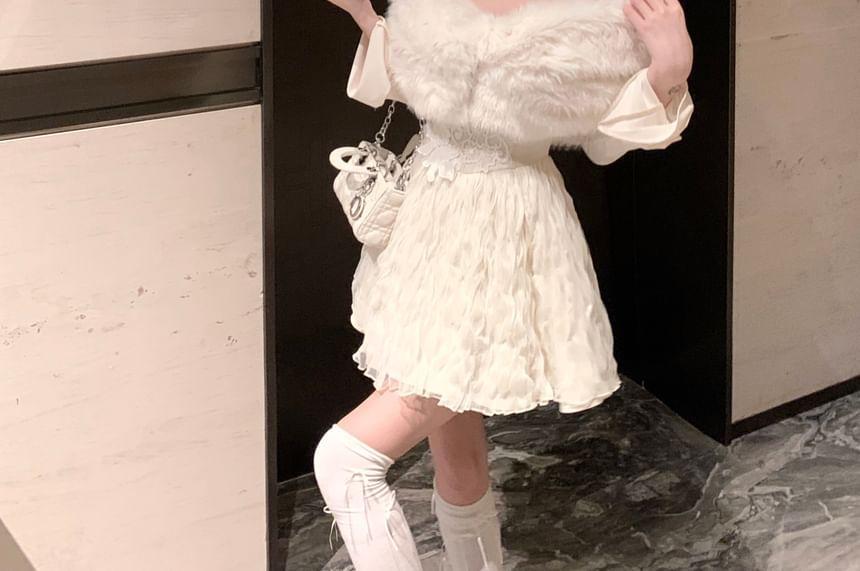 Plain Fluffy Cropped Capelet / Flared-Sleeve Cold-Shoulder Flower Embroidered Mini A-Line Dress Product Image
