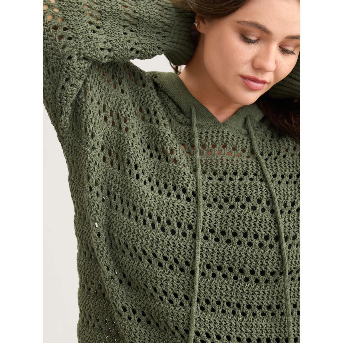 Plus Size Cut-Out Textured Drop Shoulder Pullover Moss Women Loose Long Sleeve Hooded Everyday-Casual Pullovers BloomChic 14-16/1X Product Image