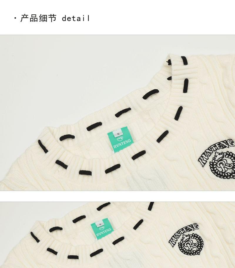 Long Sleeve Round Neck Striped Lettering Embroidered Cable Knit Mini A-Line Dress Product Image
