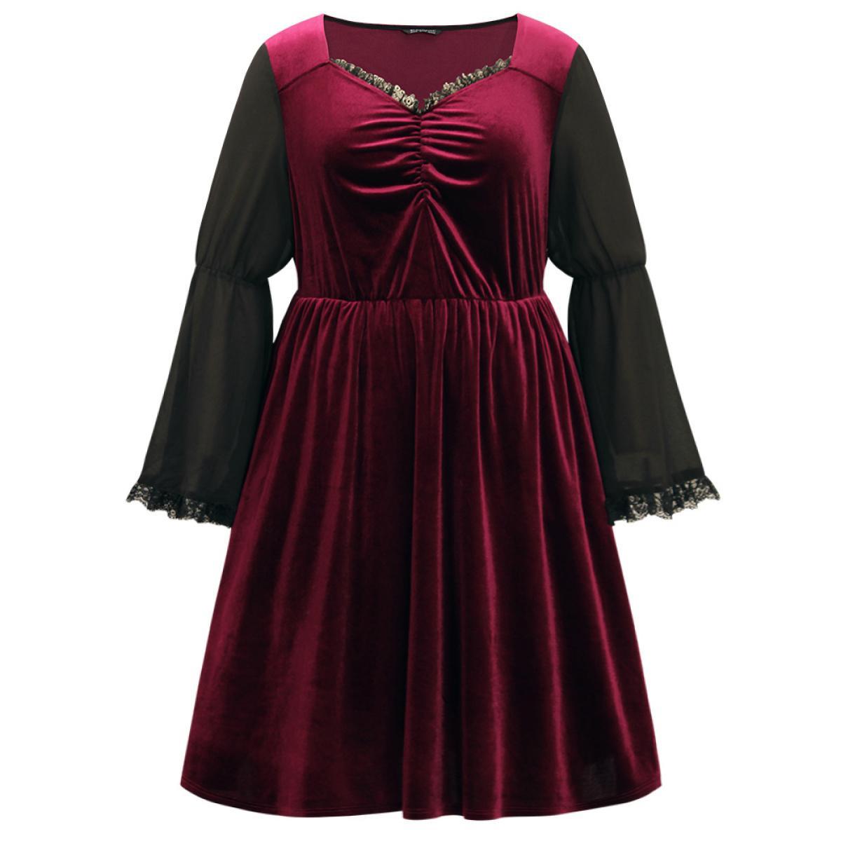 Plus Size Halloween Two Tone Velvet Ruched Lace Panel Bell Sleeve Dress Burgundy Women Elegant Gathered Square Neck Long Sleeve Curvy Midi Dress BloomChic 26/4X Product Image