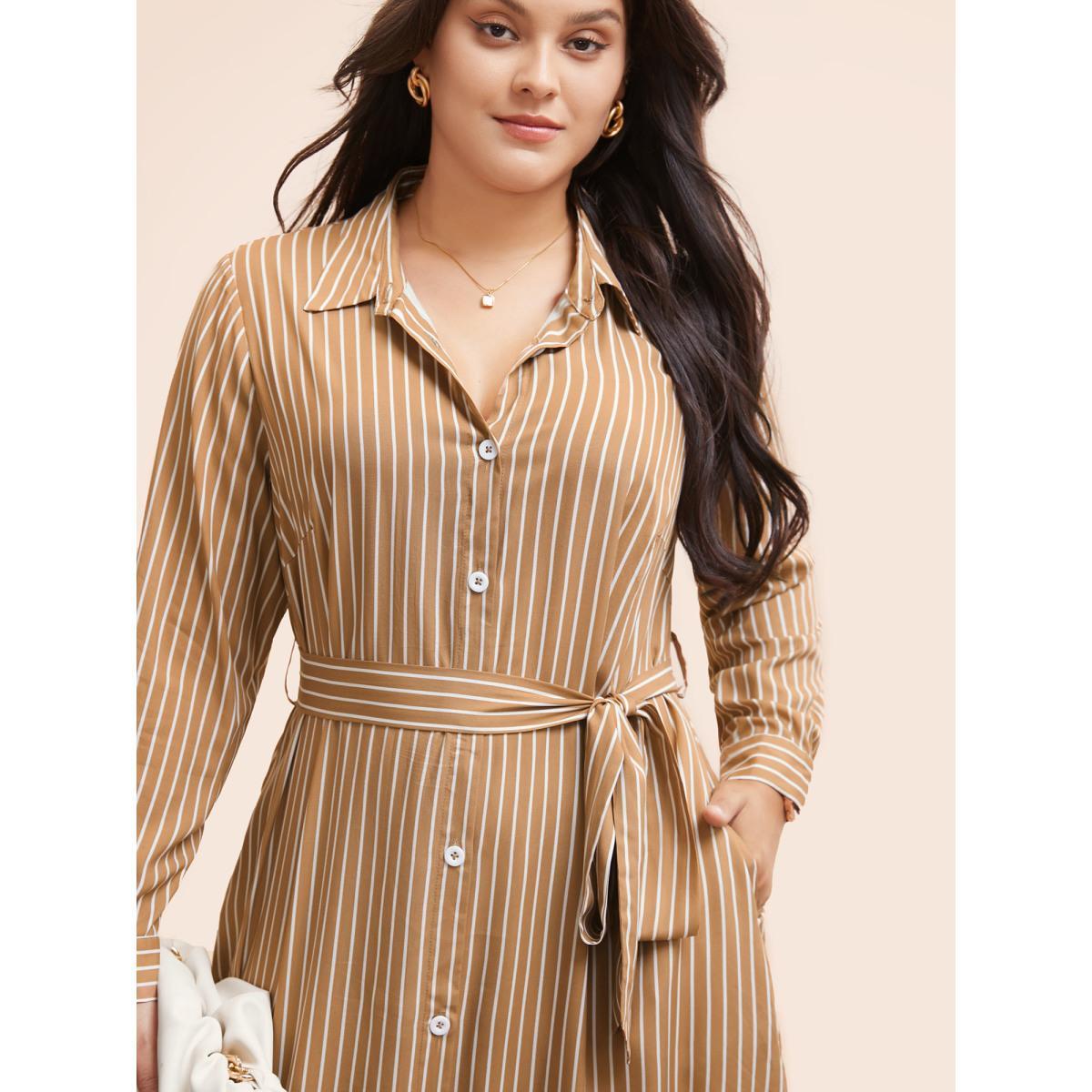 Plus Size Striped Shirt Collar Curved Hem Midi Dress LightBrown Women Workwear Essentials Belted Shirt collar Long Sleeve Curvy BloomChic 22-24/3X Product Image