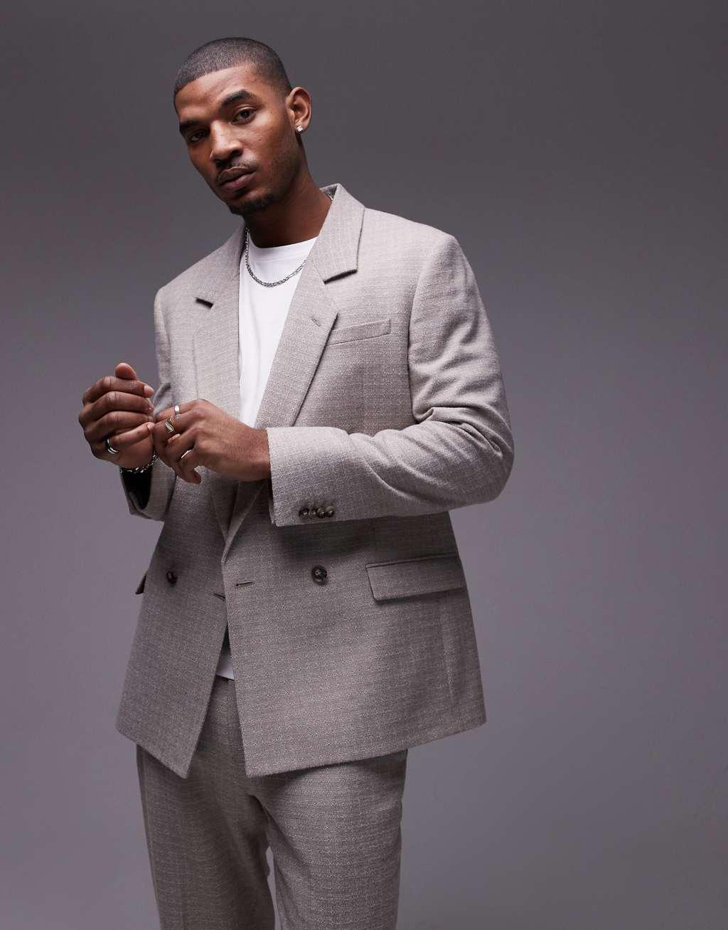 Topman relaxed textured suit jacket in stone Product Image