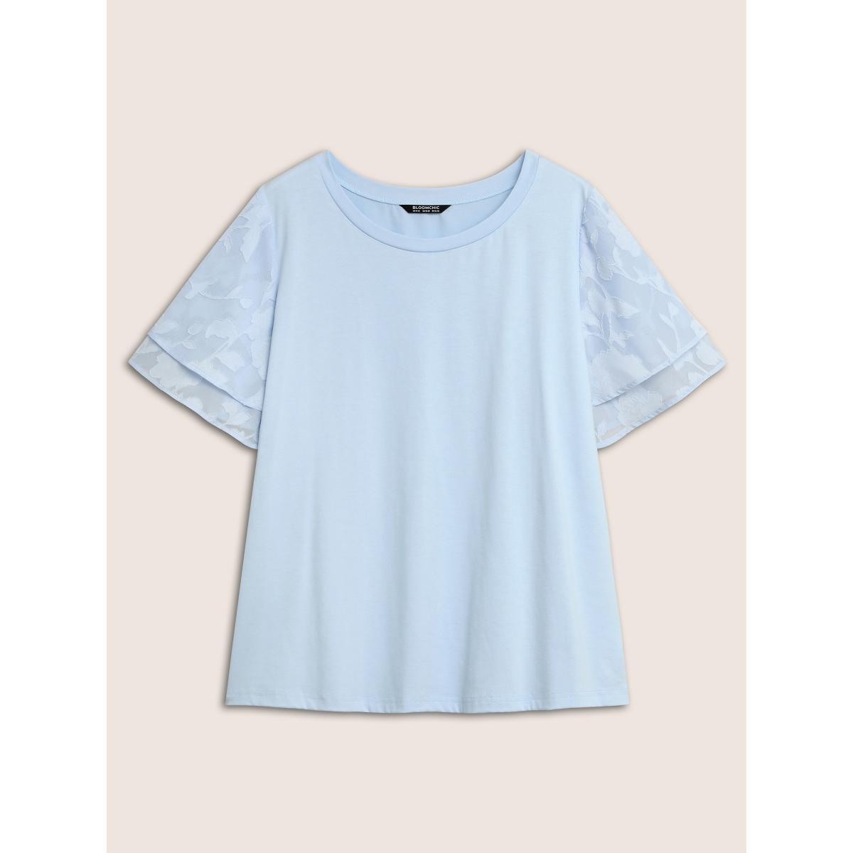 Plus Size Mesh Patchwork Tiered Ruffle Sleeve T-shirt LightBlue Women Elegant Patchwork Round Neck Everyday T-shirts BloomChic 10/M Product Image