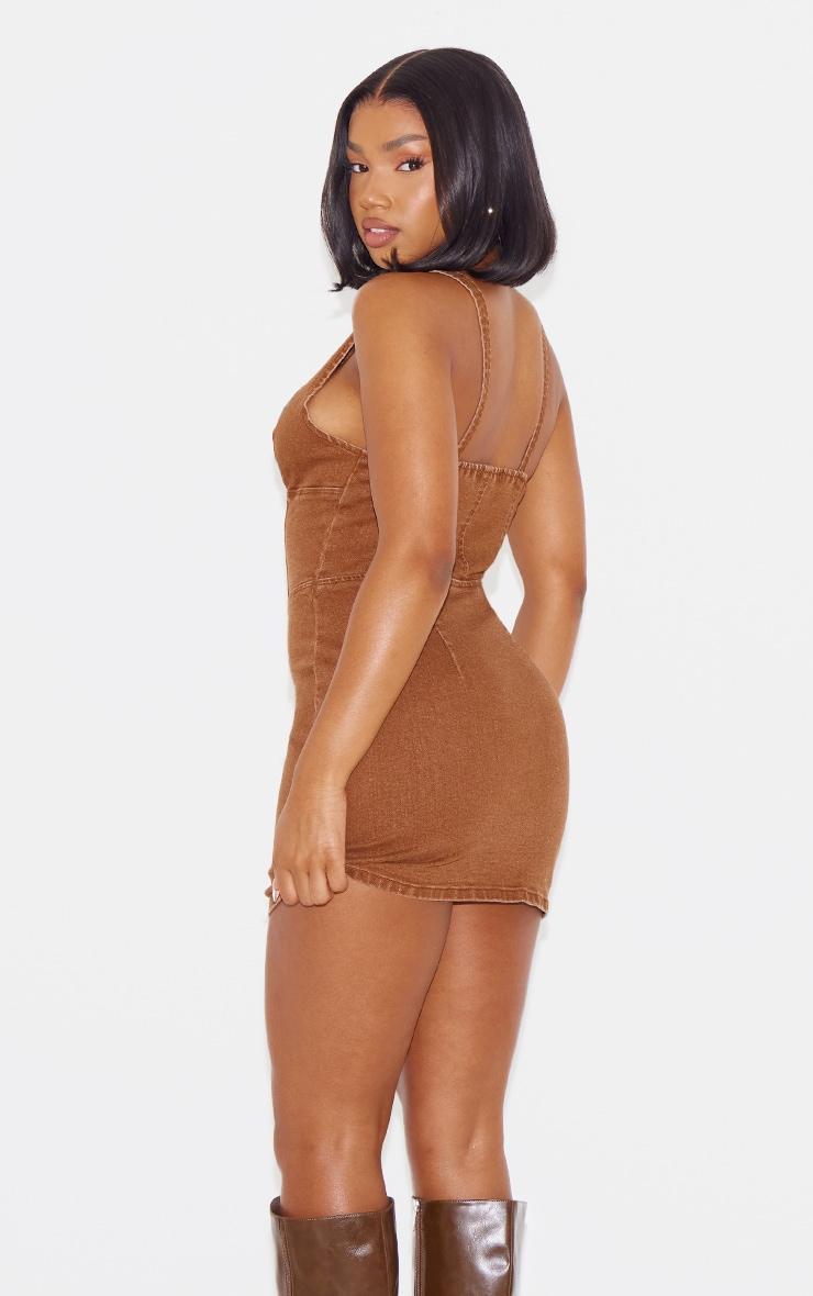 Brown Plunge Corset Style Denim Mini Dress Product Image