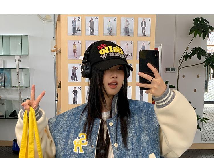 Lettering Print Embroidered Button Baseball Jacket Product Image